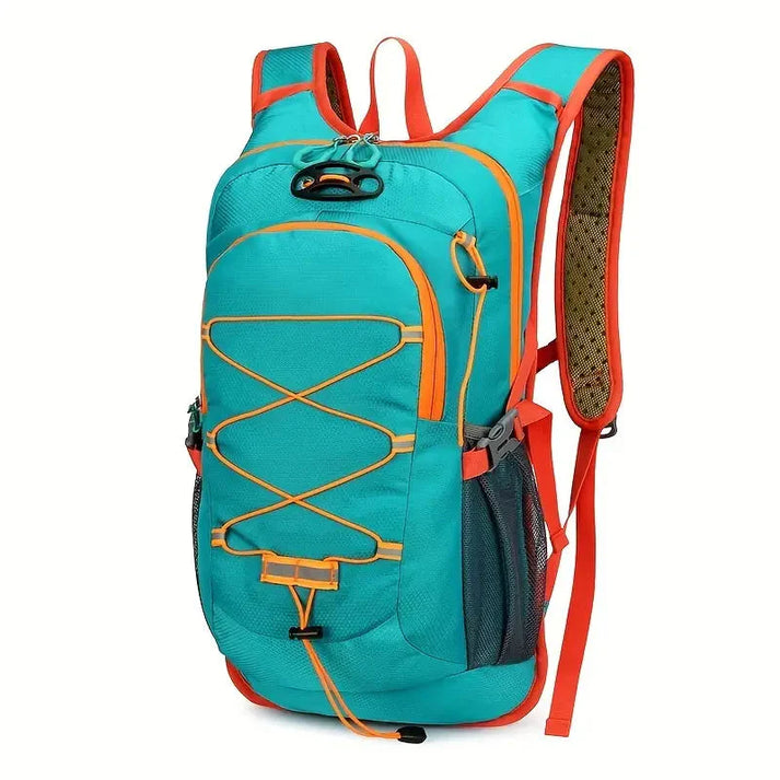 Fitlybuy waterproof bike backpack in teal and orange with bungee cord storage, mesh side pockets, and padded straps.