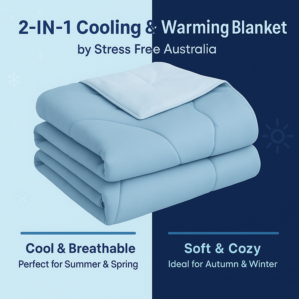 Folded blue Fitlybuy Aussie Cool Ice 2-in-1 reversible cooling and warming blanket with ChillTech fabric.