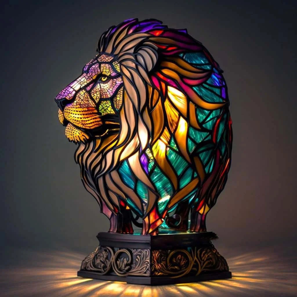 Fitlybuy lion head lamp with multicolor stained glass art, intricate metal base, and warm ambient interior glow.