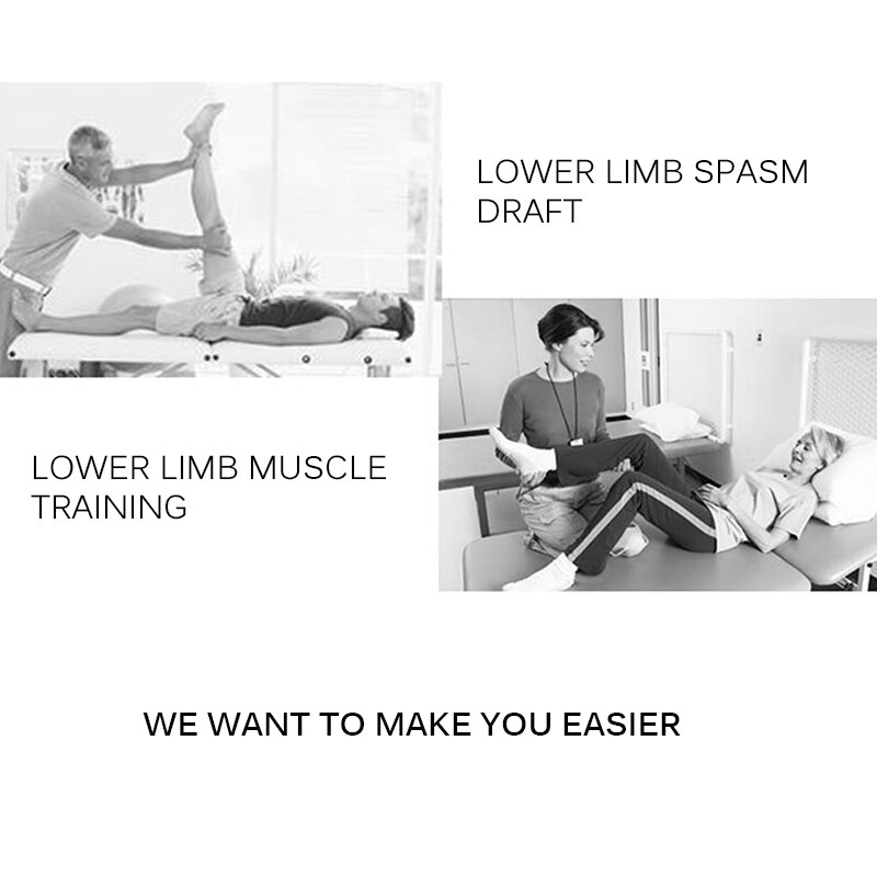 Black and white photos showing physical therapy sessions with Fitlybuy Fascia Leg Stretcher for muscle training.