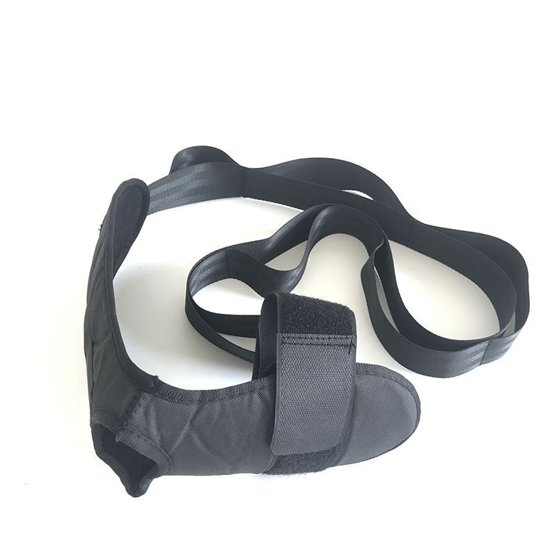Black Fitlybuy leg stretcher with FlexiStretch adjustable velcro straps for calf and foot therapy on white background.