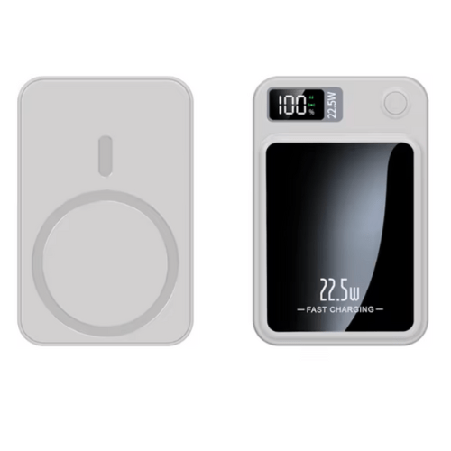 Fitlybuy FasterCharge Pro grey magnetic MagSafe power bank with digital display and 22.5W fast charging.