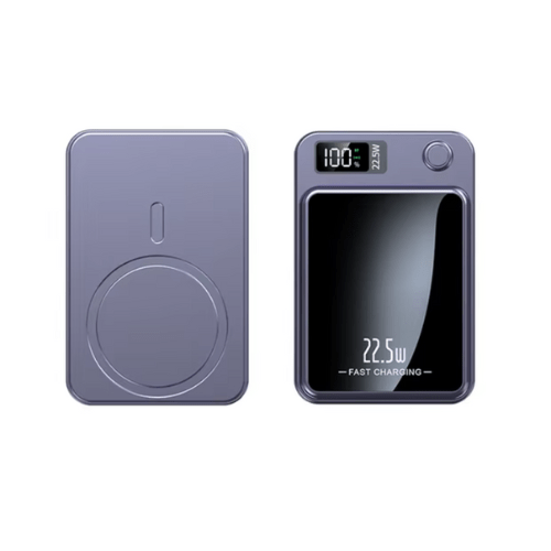 Fitlybuy FasterCharge Pro: Gray magnetic MagSafe power bank with digital display, 22.5W fast charging, front and back view.