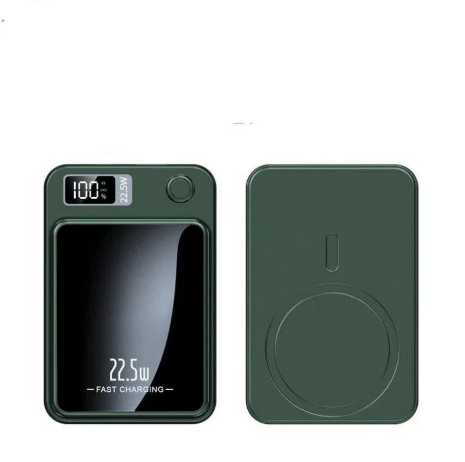 Dark green Fitlybuy FasterCharge Pro MagSafe power bank with digital display, 22.5W fast charging, and magnetic base.