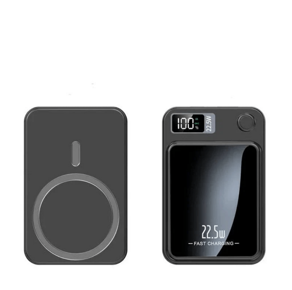 Fitlybuy FasterCharge Pro: Black magnetic wireless power bank with 22.5W fast charging, LED display, and MagSafe ring.