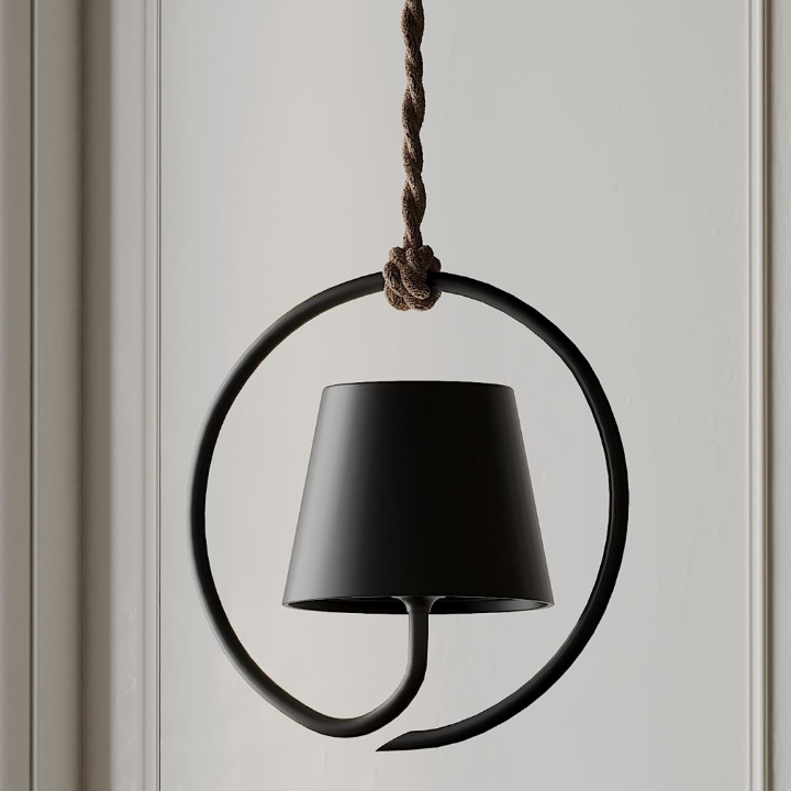 Fitlybuy LumiCord: Matte black wireless LED pendant lamp suspended by a textured brown rope knot inside a circular frame.