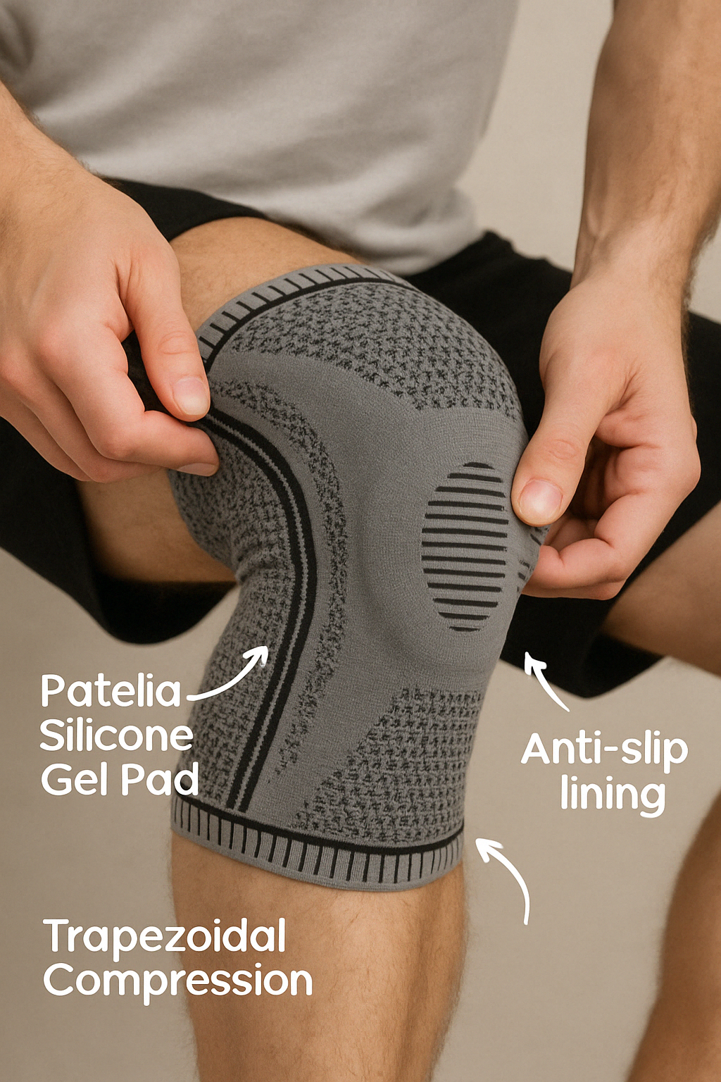 Gray Fitlybuy compression knee brace with silicone gel pad, anti-slip lining, and trapezoidal compression technology.
