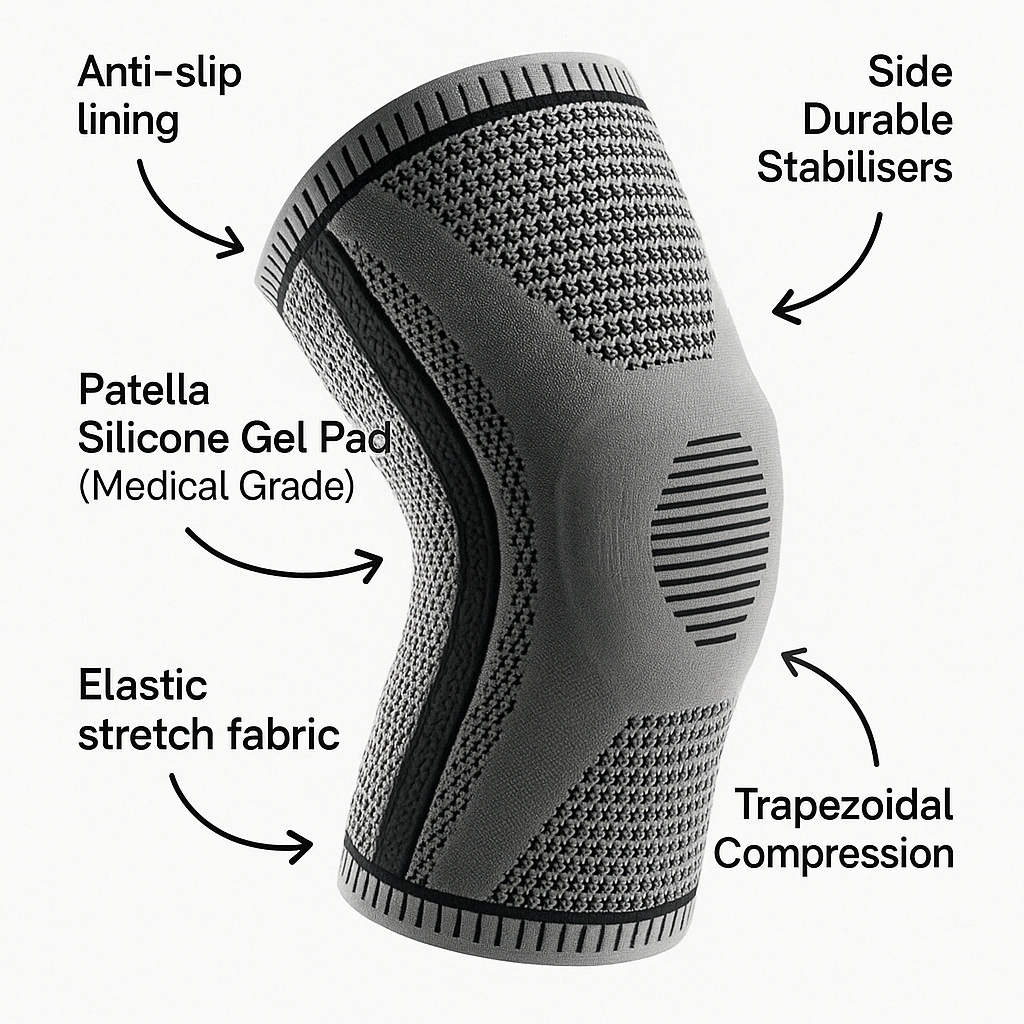 Fitlybuy grey compression knee brace with labels for silicone pad, side stabilizers, and anti-slip elastic fabric.