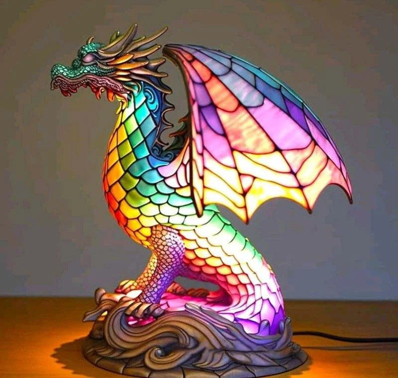 Fitlybuy stained-glass dragon lamp with a multicolor, iridescent scale design emitting a soft ambient glow.