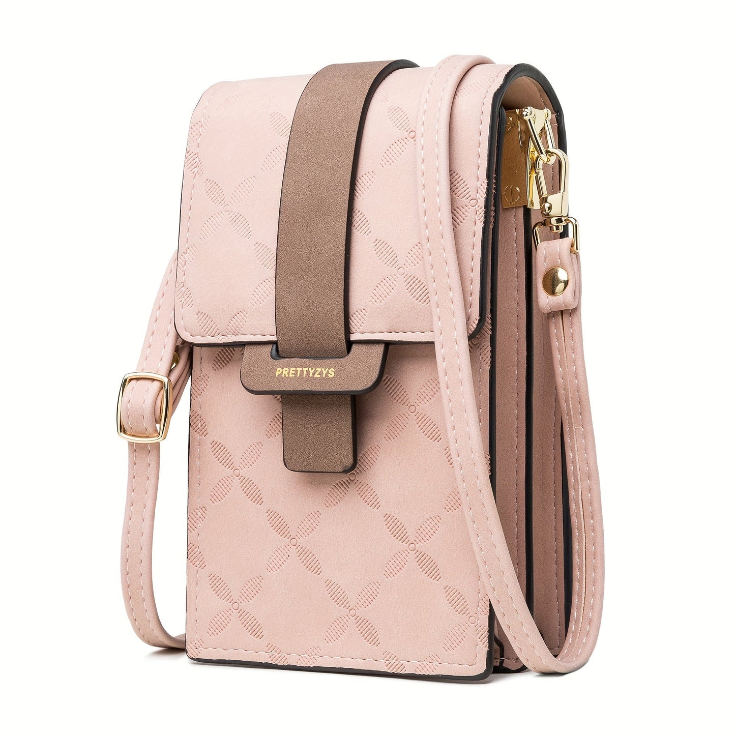Fitlybuy Lily light pink compact anti-theft crossbody bag with floral pattern, brown accent strap, and gold hardware.
