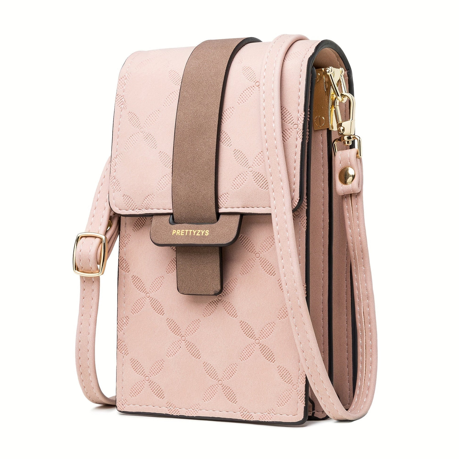 Fitlybuy Lily light pink compact anti-theft crossbody bag with floral pattern, brown accent strap, and gold hardware.