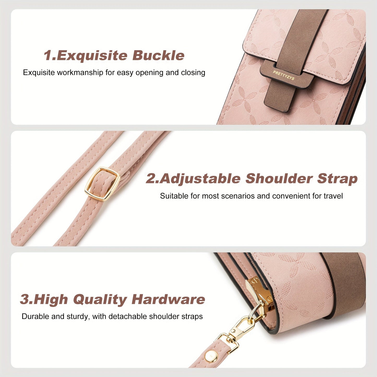 Fitlybuy Lily light pink anti-theft crossbody bag with buckle closure, adjustable strap, and durable gold hardware.