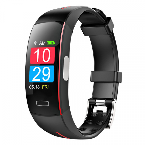 Fitlybuy SmartFit Bluetooth fitness tracker in black with color display, metallic buckle, and health monitoring features.