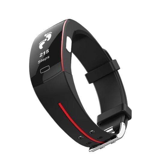 Fitlybuy SmartFit black Bluetooth smartwatch with a red accent, showing step count on the screen, white background.