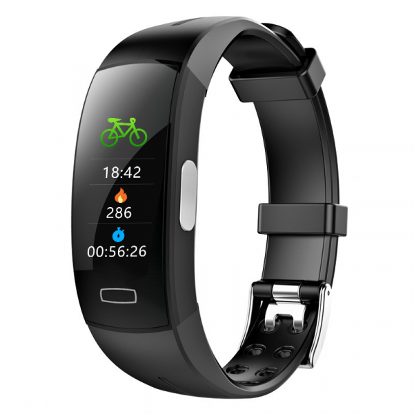 Black Fitlybuy SmartFit Bluetooth smartwatch displaying cycling, time, calorie, and workout duration data.