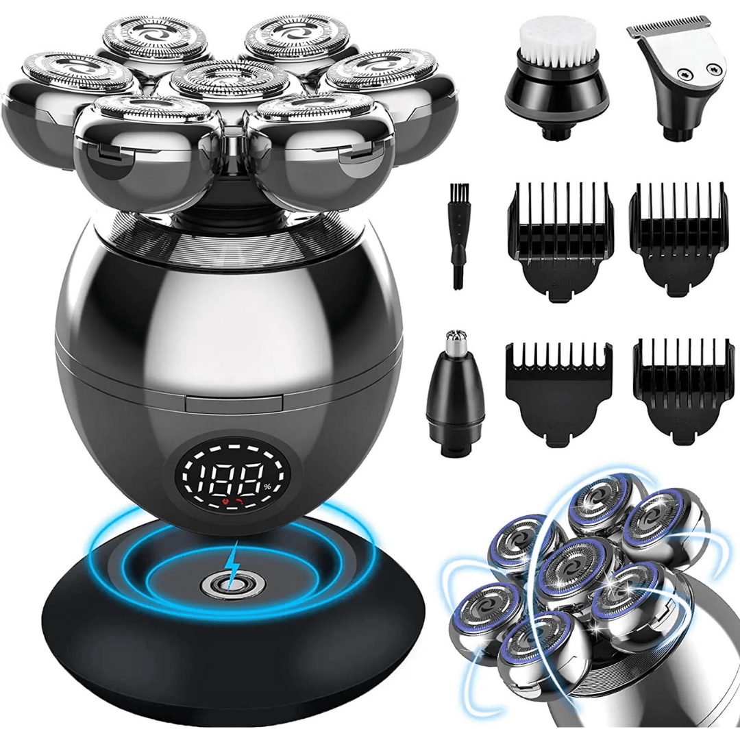 Fitlybuy FlexiShave Pro 7D electric razor with metallic body, LED display, charging base, and grooming attachments.