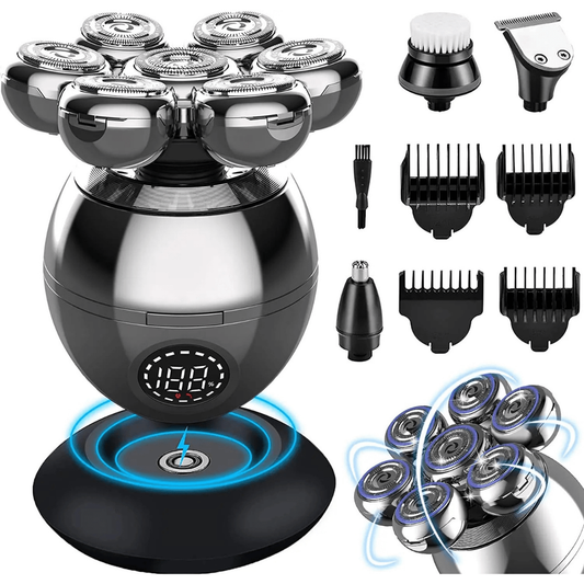 Fitlybuy FlexiShave Pro 7D electric razor with metallic body, LED display, charging base, and grooming attachments.