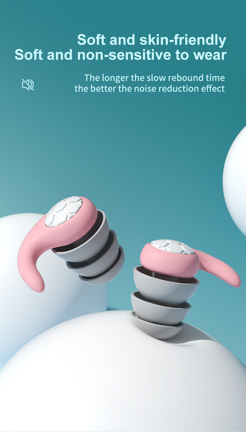 Fitlybuy pink and grey SleepGuard foam noise-canceling earplugs with a soft, ergonomic design on a blue background.