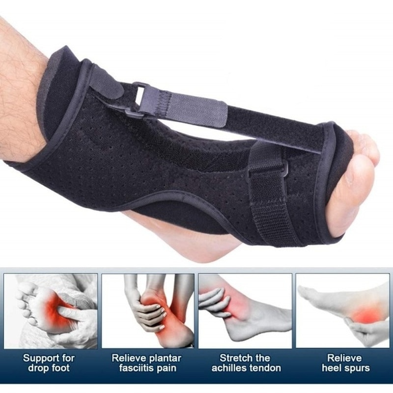 Black Fitlybuy adjustable foot splint with straps for plantar fasciitis, drop foot, and Achilles tendon pain relief.