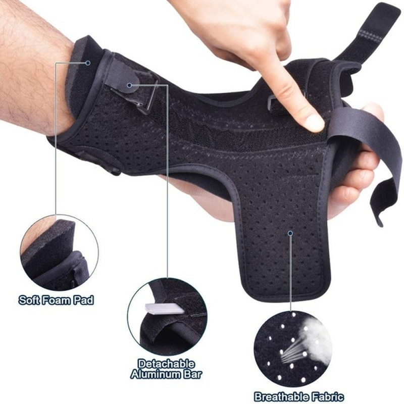 Fitlybuy black orthopedic foot splint with adjustable straps, foam padding, aluminum bar, and breathable mesh fabric.