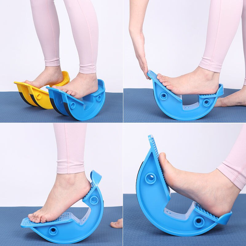 Yellow and blue Fitlybuy foot and calf stretcher rocker boards being used for stretching exercises on a yoga mat.