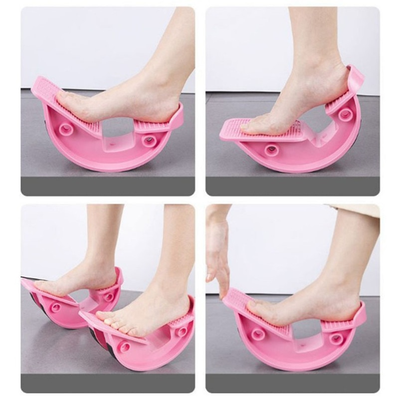 Pink Fitlybuy foot and calf stretcher rocker board with textured surfaces shown in use for various stretching exercises.
