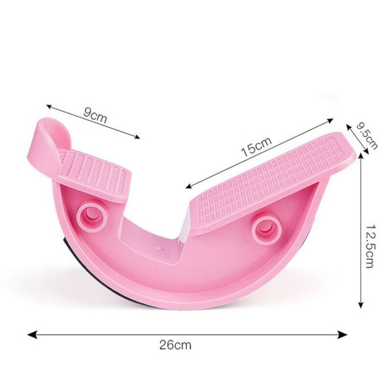 Pink Fitlybuy foot and calf stretcher rocker board with textured non-slip footpads and detailed measurement arrows.