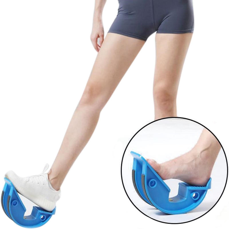 Blue Fitlybuy foot and calf rocker board with non-slip base, demonstrating a stretch on a person's foot and calf.