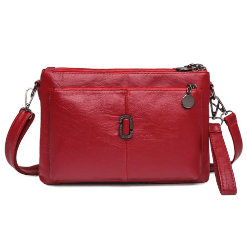Fitlybuy Fosh small red leather shoulder bag with zipper closures, a metallic logo accent, and detachable straps.