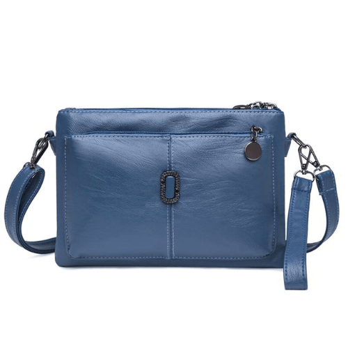 Fitlybuy Fosh small blue leather shoulder bag with premium finish, zippered compartments, and metal logo hardware.