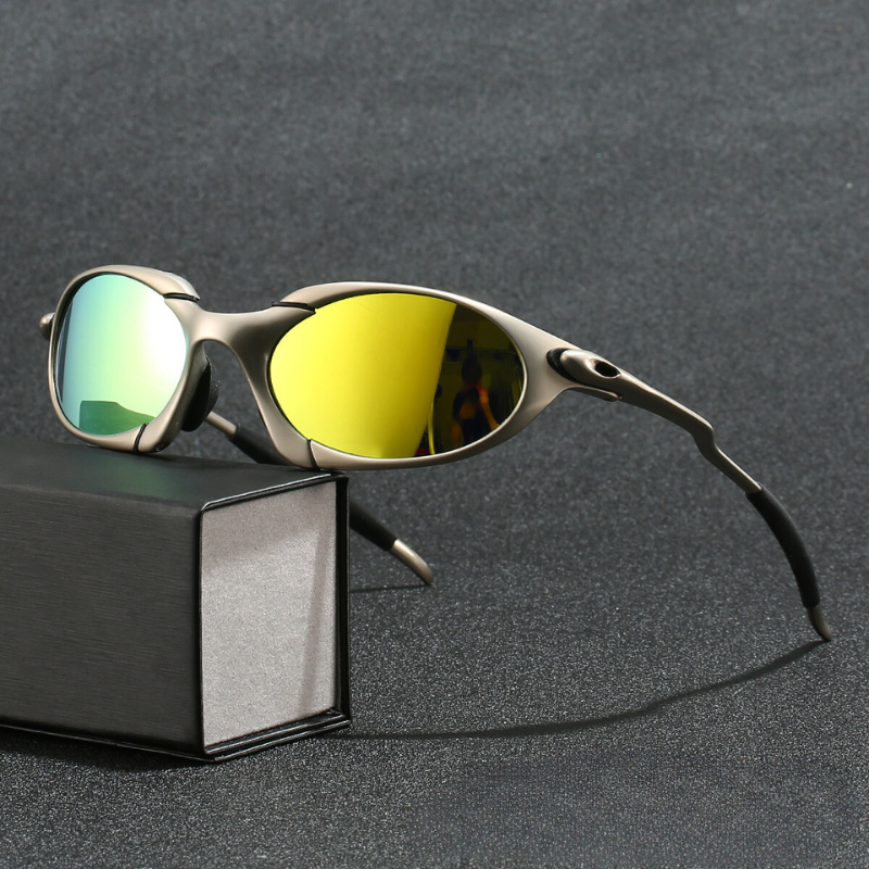 Fitlybuy men’s polarised sport sunglasses with a metallic frame and yellow-green mirror lenses, displayed on a box.