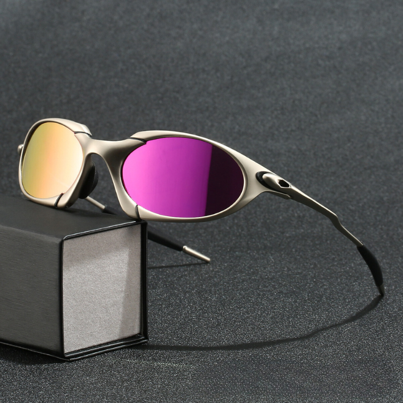 Fitlybuy polarized sport sunglasses with a metallic frame and multicolored pink/yellow lenses, resting on a black box.