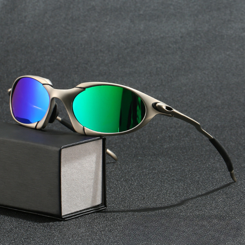 Fitlybuy sport sunglasses with lightweight silver metal frames and dual-toned blue and green polarized UV lenses.