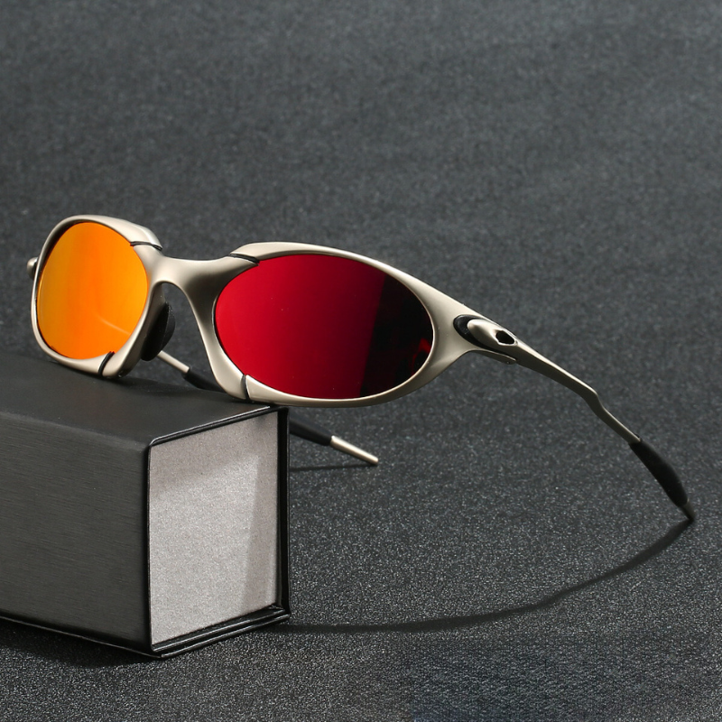 Fitlybuy men’s polarised sport sunglasses with silver metal frames and dual-tone red-orange lenses on a black box.