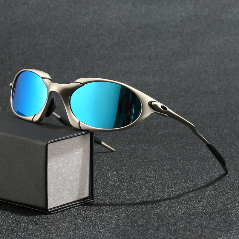 Fitlybuy men’s sport sunglasses with metallic frames and reflective blue polarized lenses on a black display box.