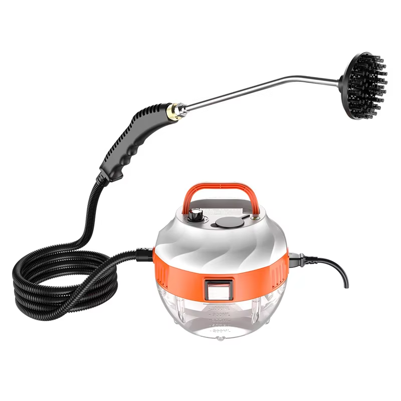 Fitlybuy 2800W orange and silver portable steam cleaner with brush attachment and transparent water tank.