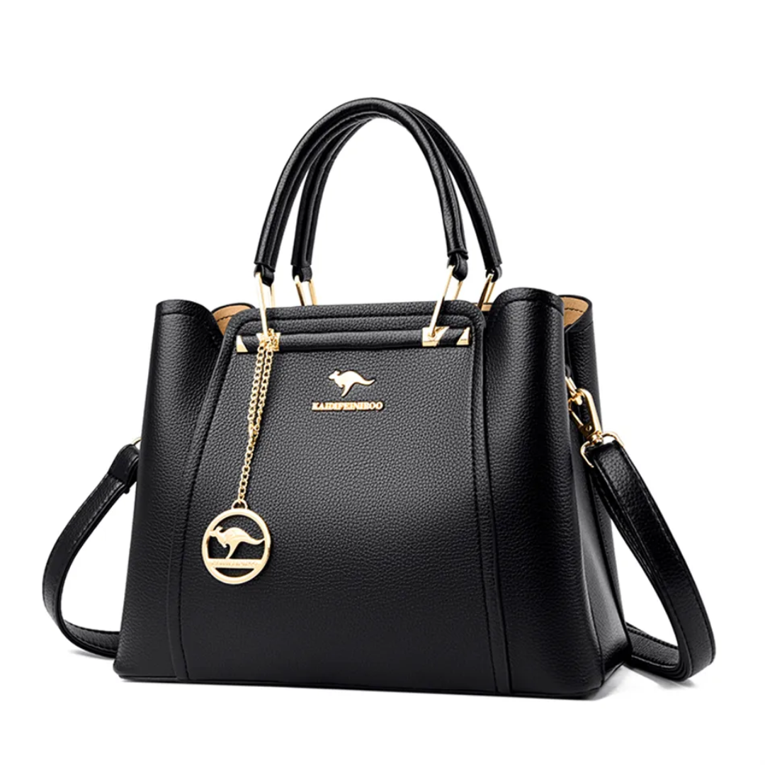 Black PU leather Fitlybuy Vivian shoulder bag with gold hardware, kangaroo logo charm, and versatile crossbody strap.