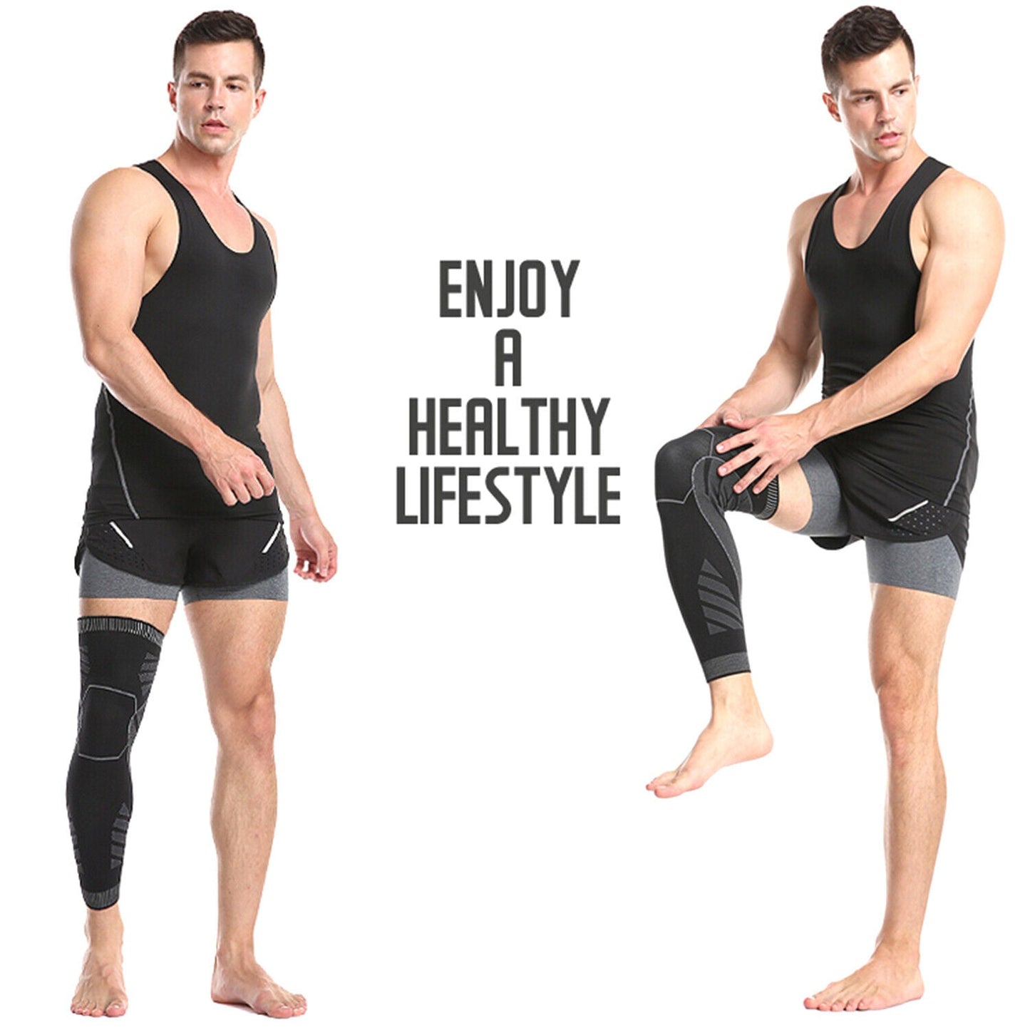 Man wearing Fitlybuy black full leg compression sleeve with textured support patterns on knee and calf.