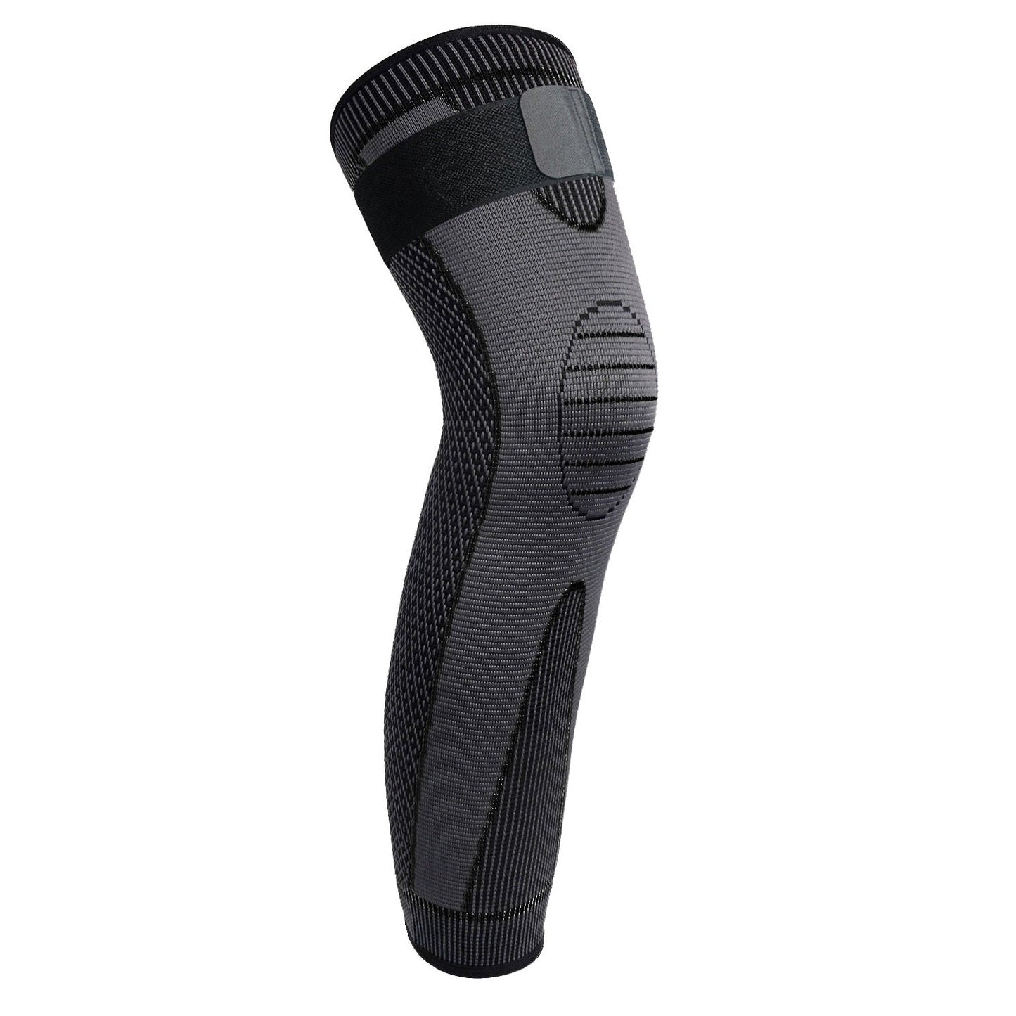 Fitlybuy grey compression leg sleeve with reinforced knee support, textured knit fabric, and elastic strap, white background.
