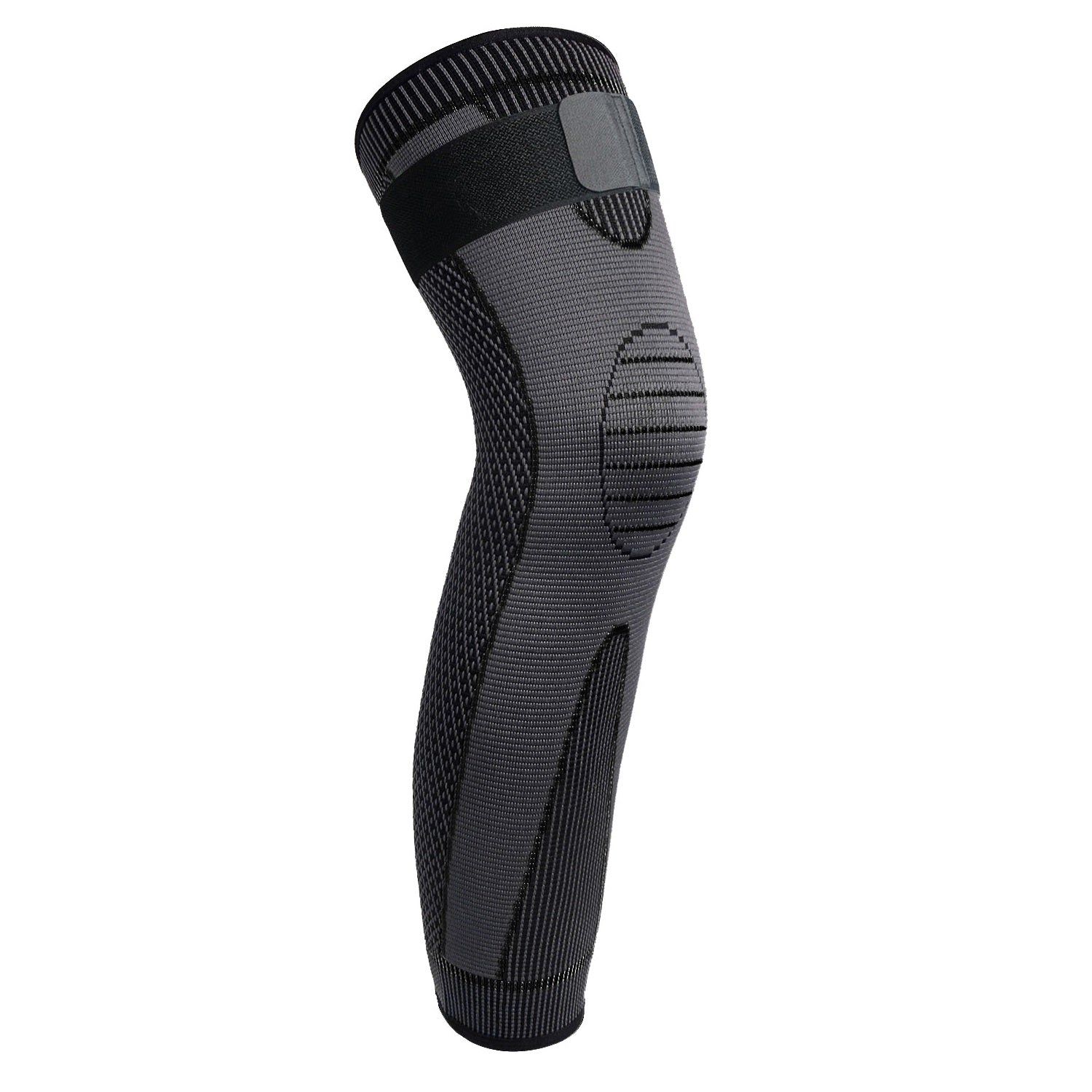 Fitlybuy grey compression leg sleeve with reinforced knee support, textured knit fabric, and elastic strap, white background.