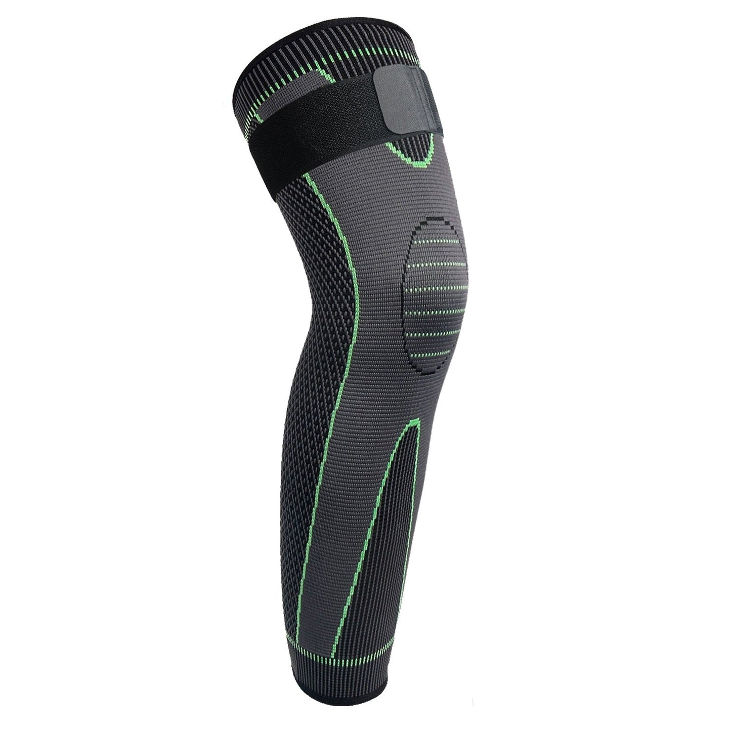 Grey and neon green Fitlybuy full leg compression sleeve with adjustable strap and targeted knee support on white.