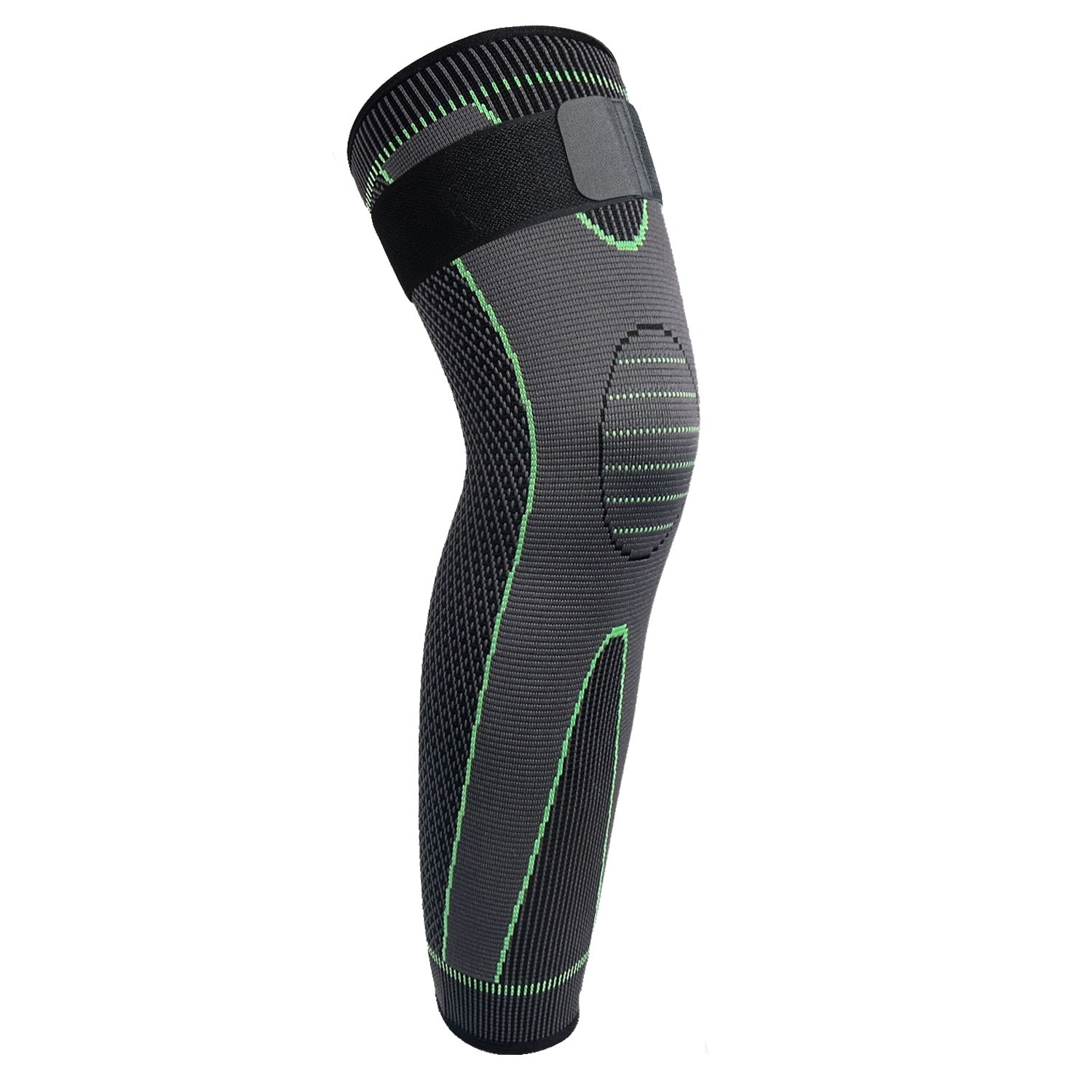 Grey and neon green Fitlybuy full leg compression sleeve with adjustable strap and targeted knee support on white.