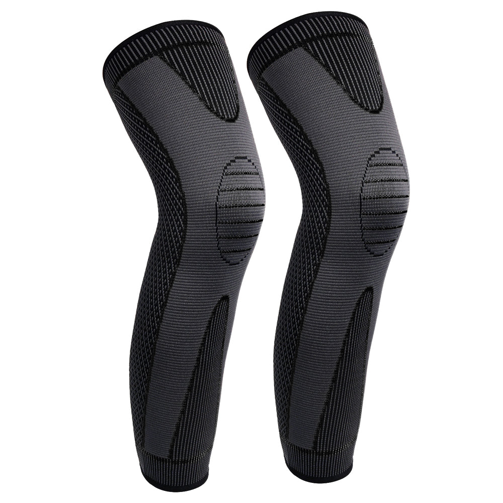 Fitlybuy charcoal gray compression leg sleeves with textured knee support zones and ergonomic knit design.