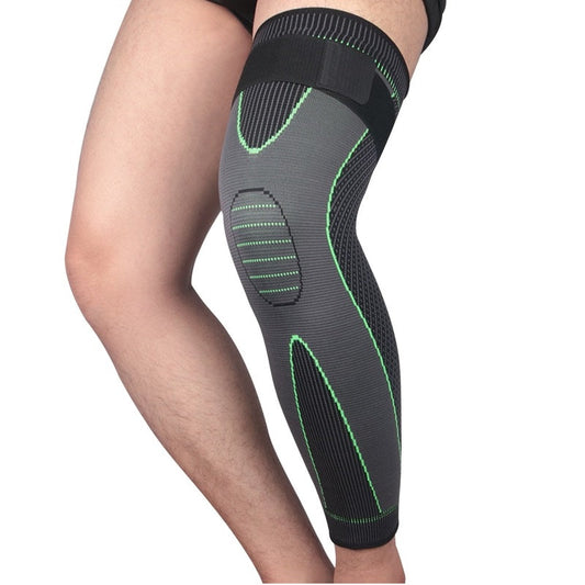 Fitlybuy grey and black full leg compression sleeve with green accents and an adjustable top strap worn on a leg.