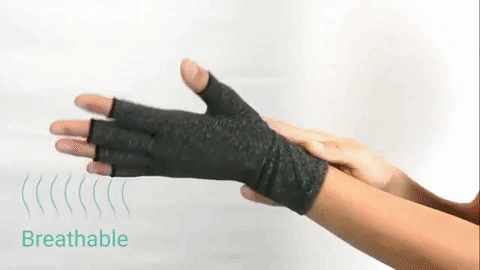Fitlybuy charcoal gray, fingerless compression heat gloves on a hand with "Breathable" text and heat wave graphic.