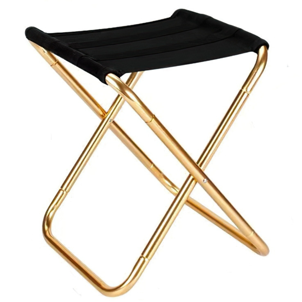 Fitlybuy ultra-compact camping stool with a black fabric seat and a gold, lightweight, foldable metal frame.