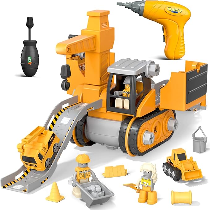Fitlybuy yellow construction playset with excavator, crane, toy drill, figures, and accessories on white background.