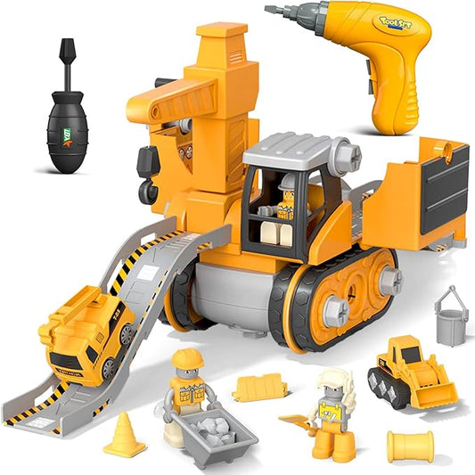 Fitlybuy yellow construction playset with excavator, crane, toy drill, figures, and accessories on white background.