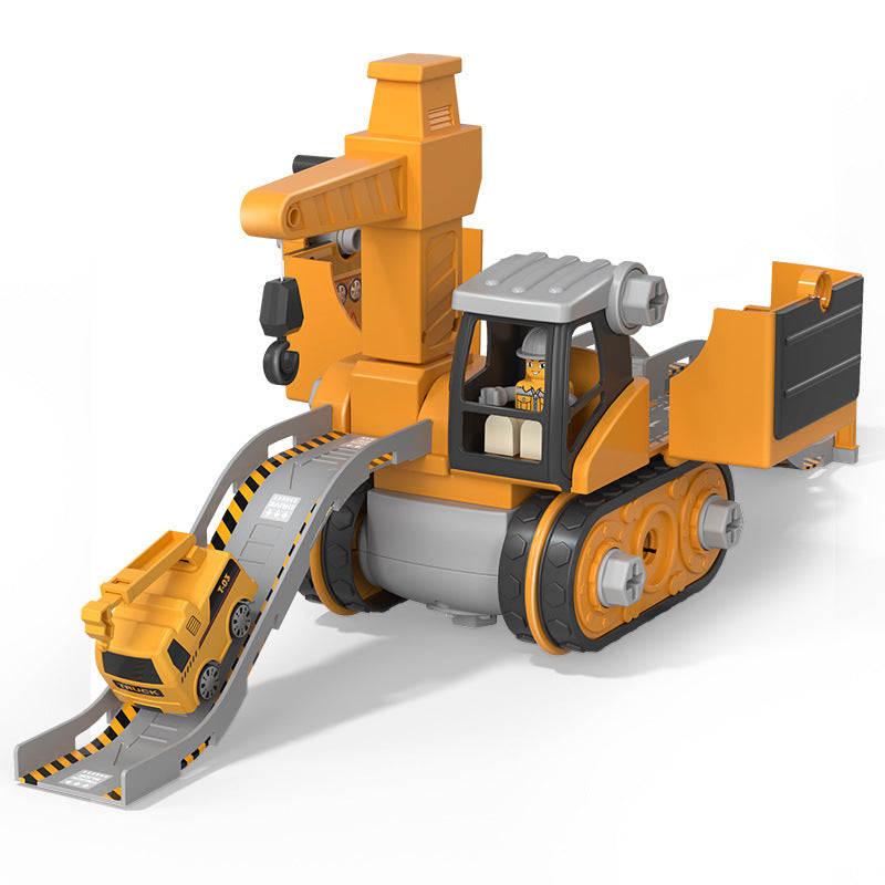 Fitlybuy LittleBuilder orange/grey excavator playset with a crane, worker figure, and ramp with a small toy truck.