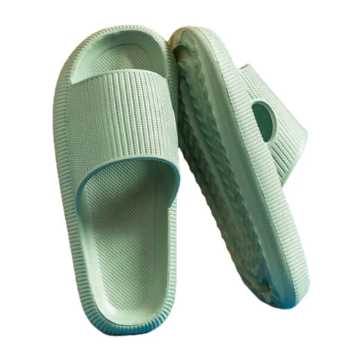 Fitlybuy mint green Cloud Slides with ribbed straps and ComfortFoam textured, slip-on soles against a white background.